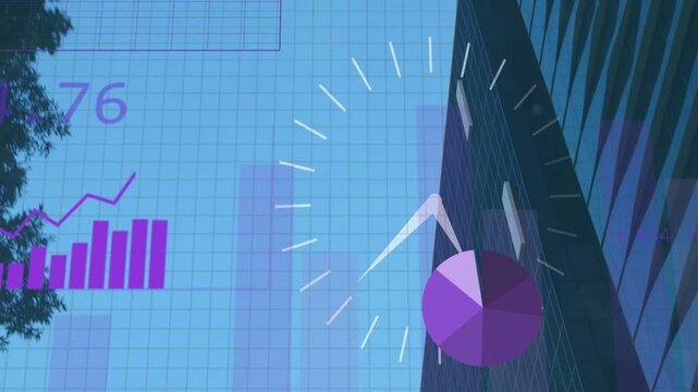 Grid overlay appearing triggers purple charts forming over building, visualizing rising values