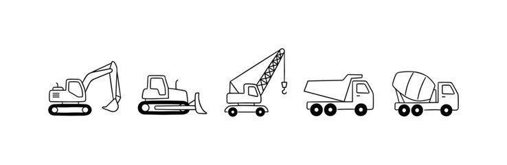 Construction machinery outline icon set with excavator bulldozer crane dump truck and cement mixer on transparent background © Yurii