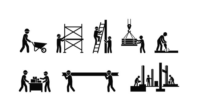 Construction and engineering worker silhouette collection with scaffold crane ladder and building activity icons on transparent background