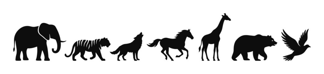 Wildlife animal silhouette vector icon set with elephant tiger wolf horse giraffe bear and eagle on transparent background © Yurii