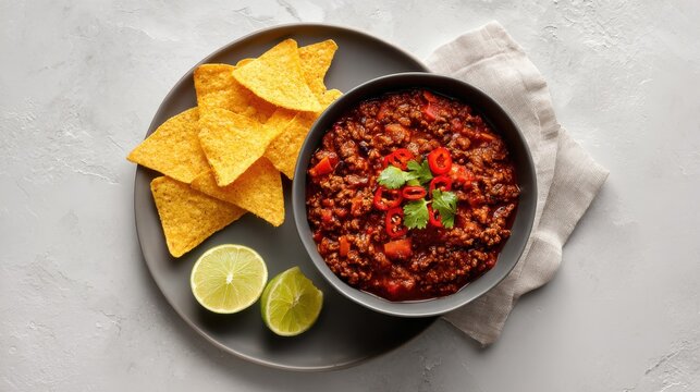 Hearty bowl of chili con carne served with tortilla chips and lime wedges. A delicious and comforting bowl of homemade chili con carne, garnished with fresh cilantro and chili peppers