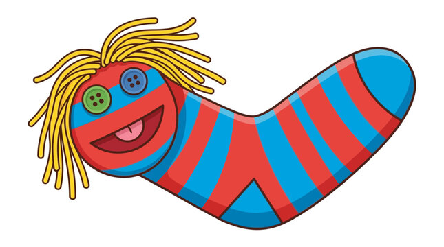 Colorful cartoon sock puppet with yellow hair and buttons for eyes