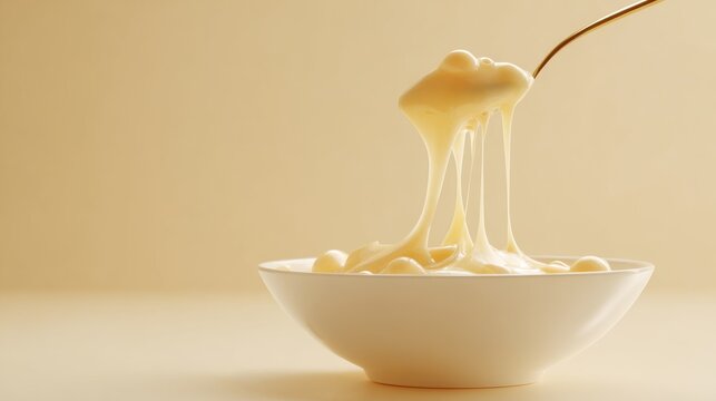 Deliciously creamy white chocolate sauce dripping from a spoon into bowl. Luscious white chocolate sauce being lifted by a spoon from a white bowl, showcasing its smooth texture and rich consistency