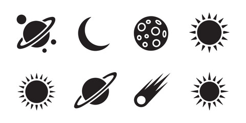 Set of isolated black vector icons of saturn planet, crescent moon, cratered moon, and sun. © Mukti