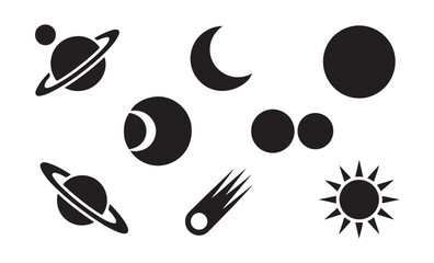 Set of isolated black vector icons of saturn planet, crescent moon, moon phases, comet, and sun. © Mukti