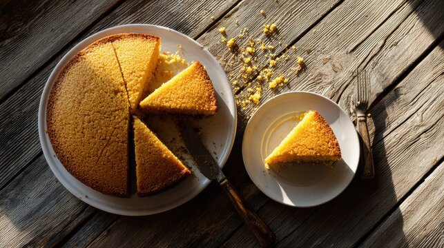 Golden corn cake sliced and served on rustic wooden table with warm sunlight. A freshly baked golden corn cake, cut into wedges and presented on a white plate, with a single slice on a smaller plate