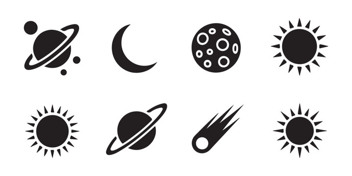 Set of isolated black vector icons of saturn planet, crescent moon, cratered moon, and sun.