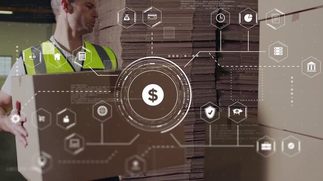 Warehouse worker moving box to stack, lifting stacking, overlay with dollar hex tracking inventory
