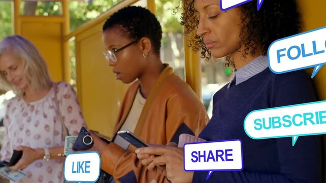 Three women waiting at bus shelter tapping phones starting animated social media bubbles expanding