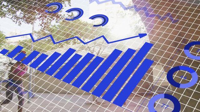 Diamond grid rising, woman walking plaza, blue charts growing, occluding her, visualizing tech data