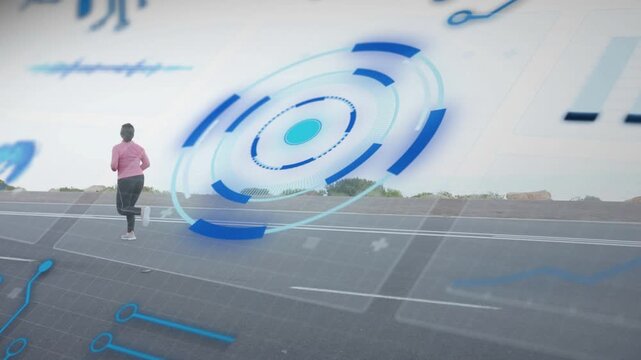 Woman starting jog on paved road, fitness HUD appearing and tracking pace with rotating blue target