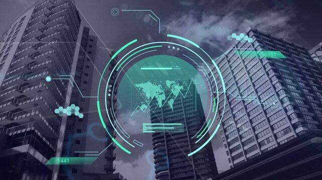 Translucent teal UI appearing over skyline drawing map and chart across pulsing nodes scanning city