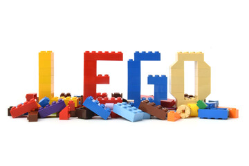 Naklejka premium Word lego is made from colorful letters are made from bricks. Editorial illustrative image of popular plastic toy constructor.