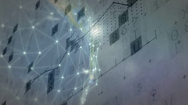 On start stylized globe rotating, network nodes pulsing, line chart sliding left to show data flow