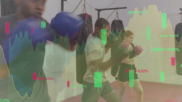 Mitt holder signaling, three trainees training combos on bags, stock tickers overlaying frame
