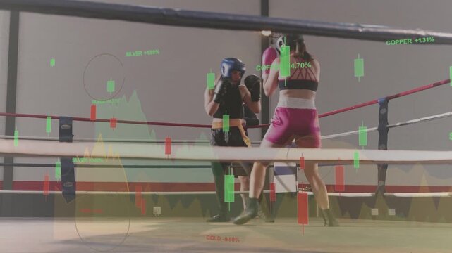 Two female boxers sparring for training, left boxer initiating jabs, market charts overlaying ring