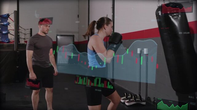 Woman starting boxing drill, trainer coaching, punching bag, candlestick charts overlaying frames