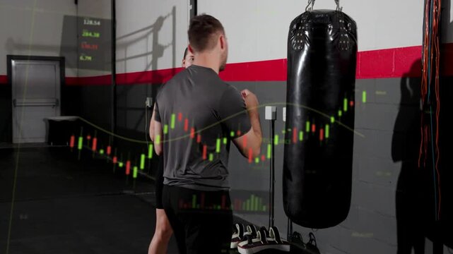 Male coach gesturing female boxer throwing punches for bag tech in gym finance candlestick overlay