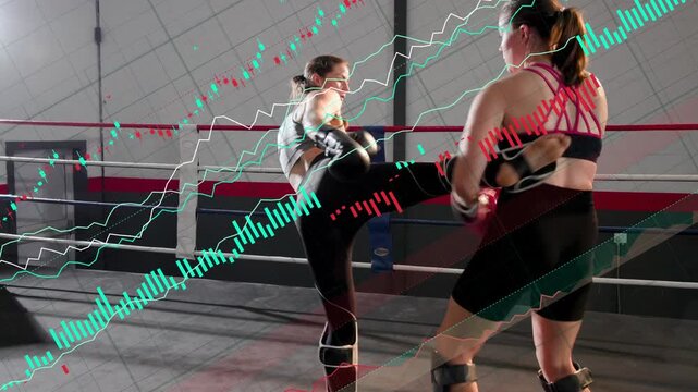 Two fighters in ring feinting, trading jabs and kicks, overlays partly hiding them during sparring