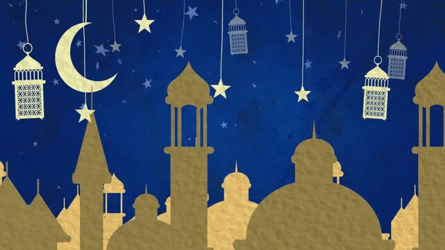 Dusk settling golden skyline rising crescent moon dropping lanterns aligning creating night decor
