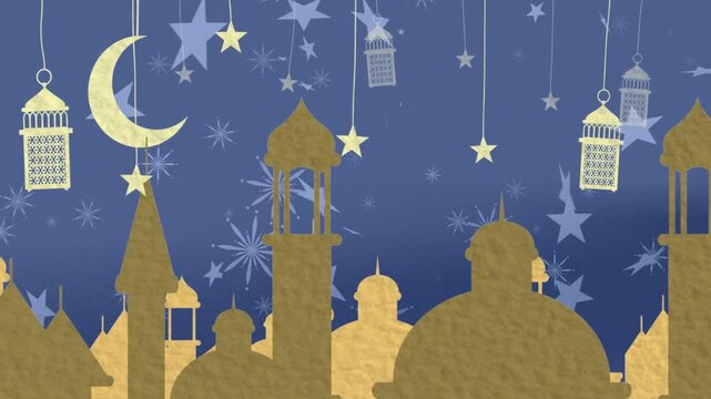 Starfield appearing golden skyline rising moon rising lanterns descending forming festive night
