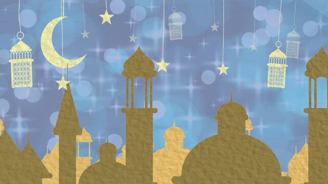 On blue bokeh, golden skyline rising, crescent and stars falling, lanterns swaying, forming decor