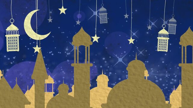 Spark starting gold skyline rising, crescent moon, stars and lanterns descending, forming backdrop