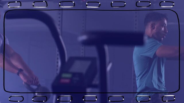 Left man holding kettlebell doing bent swings, teal man entering, pressing explosively for fitness