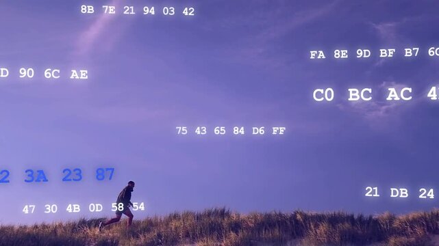 Male runner entering left running across dune ridge for fitness hex text floating not interacting