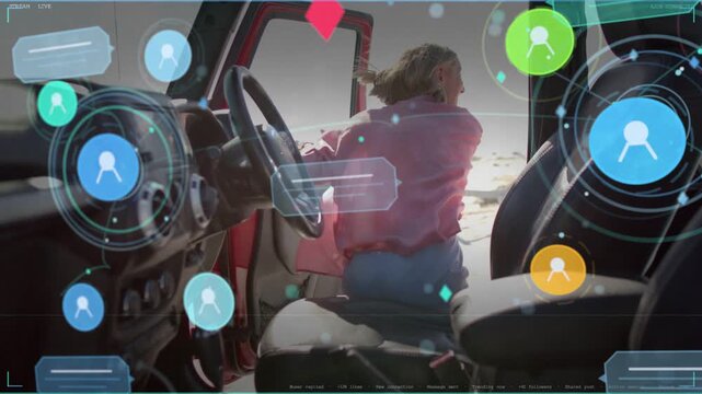Woman reaching dash, standing, stepping to beach, partner hugging, HUD tech showing icons