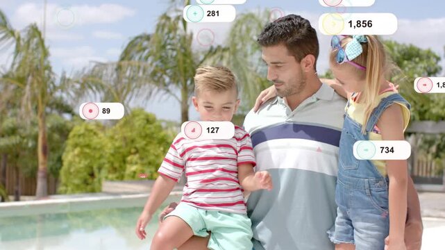 Tech HUD badges appearing by pool causing dad holding son on hip practicing balance, girl watching