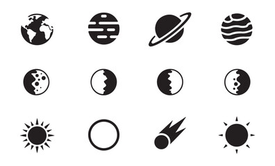 Collection of planet and celestial body icons including earth saturn comet sun and moon phases. © Mukti