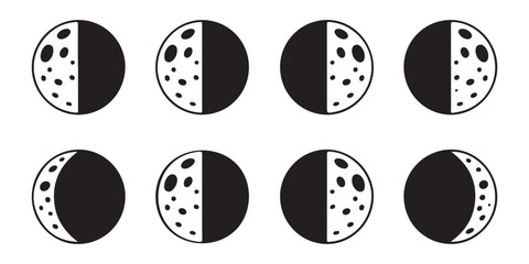 Eight moon phases with craters depicted in black and white graphic representation science illustration. © Mukti