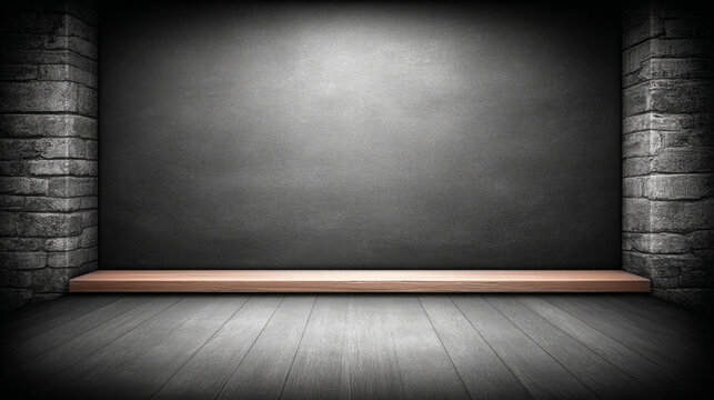Empty rustic shelf in a dark room with spotlight presentation interior