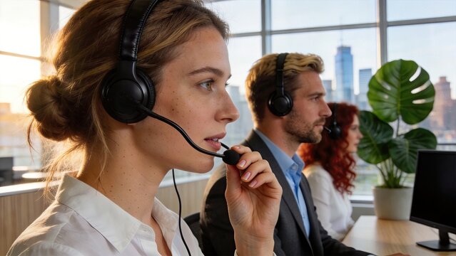 Professional female customer service agent wearing headset in modern call center office with city view team of support staff working on computers business communication and