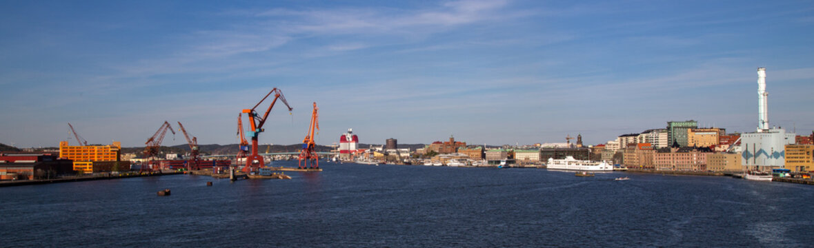 Panorama of the Gota river and the harbor in Gothenburg, Vastergotland, Sweden.