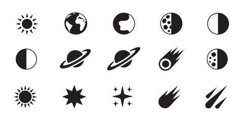 Graphic set of celestial icons including sun planet earth and comets on transparent grey background. © Mukti