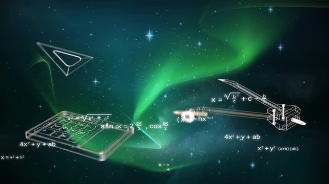 Aurora ribbon pulsing wireframe keypad ruler and arm floating rotating grouping math to show STEM