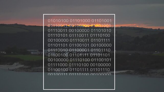 White overlay showing binary rows over calm bay, sunrise causing single-row highlight for sync