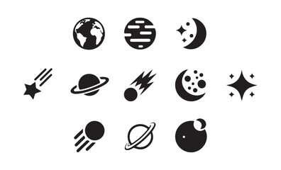 Space celestial elements collection featuring earth moon stars and ringed planets vector design. © Mukti