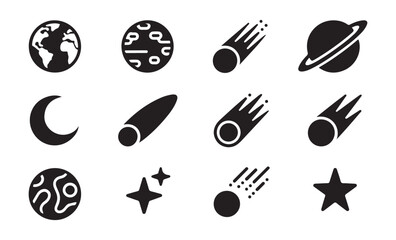 Falling asteroids and meteorites collection with planetary bodies and celestial stars silhouette. © Mukti