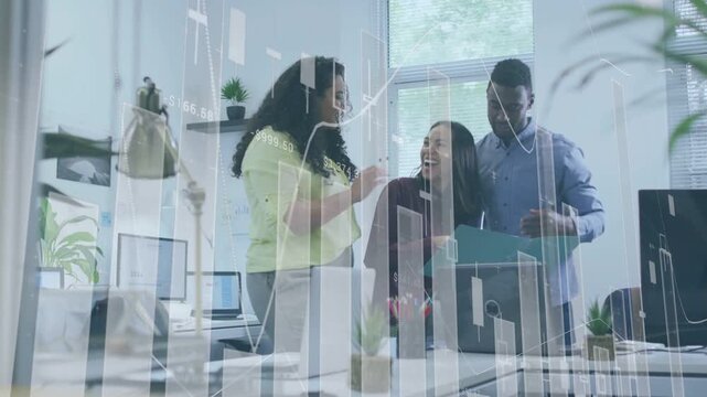 Laptop data appearing team highfiving, opening teal folder with overlay charts showing revenue rise