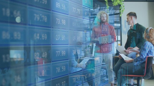 Leader stepping forward with laptop, leading meet while charts showing financial data over group