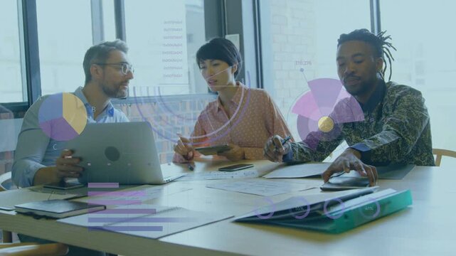 Business team checking charts lead pointing laptop sparking sharing phone while analyst tapping tab