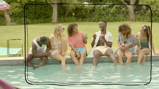 Six friends poolside relaxing, center man starting story, speech bubbles echoing splashes marketing