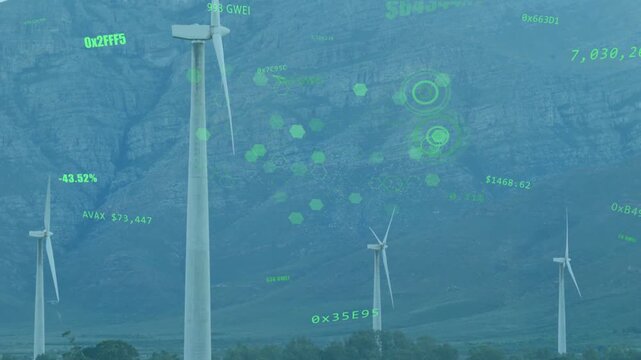 Green HUD graphics appearing over mountain, turbines rotating slowly, nodes clustering to show data