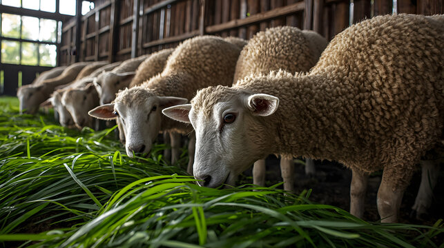 A flock of sheep peacefully grazing on lush green grass inside a rustic barn.