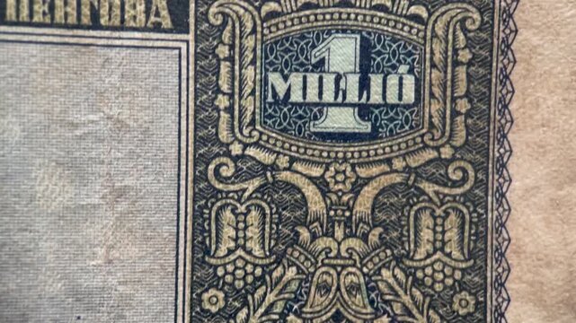 Macro Video of Reverse Edge Detail on Hungarian 1 Millio Pengo Banknote 1945.