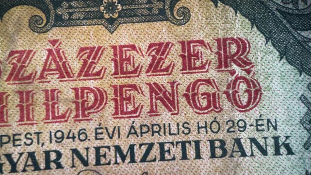 Macro Video of Front Side and Portrait on Hungarian Szazezer Milpengo Banknote 1946
