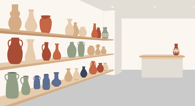 Minimalist pottery shop with ceramic vases on wooden shelves